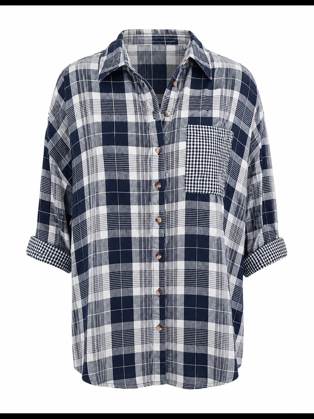 Pilcro Navy and White Plaid Button-Down Oversized Shirt